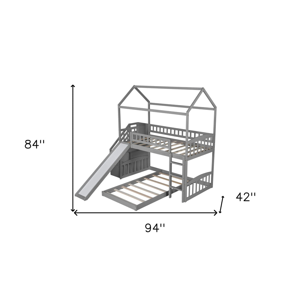 LuxxHomes  Gray Twin Over Twin PlayHouse Perpendicular Bunk Bed with Slide