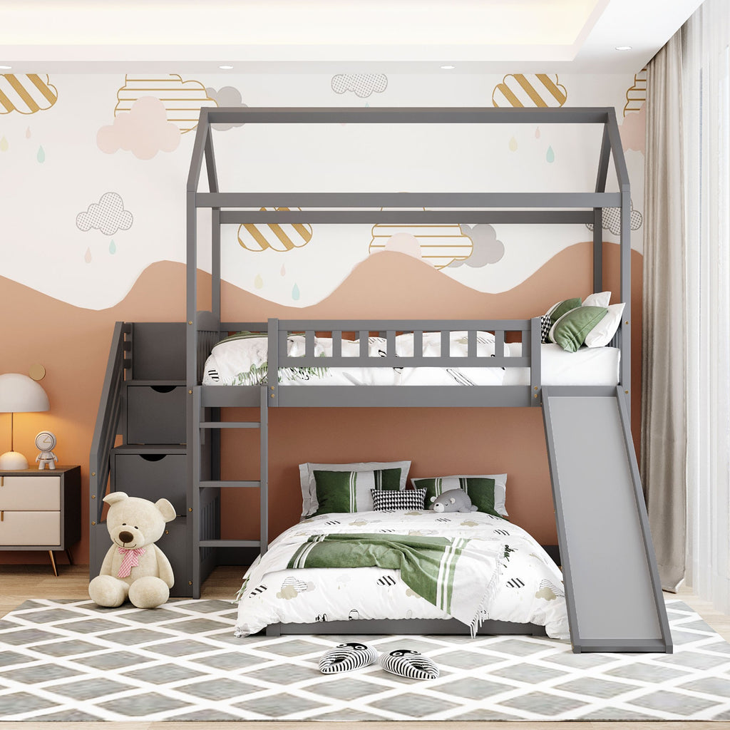 LuxxHomes  Gray Twin Over Twin PlayHouse Perpendicular Bunk Bed with Slide