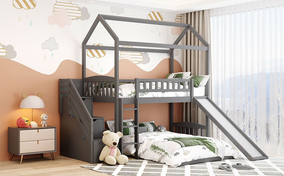 LuxxHomes  Gray Twin Over Twin PlayHouse Perpendicular Bunk Bed with Slide