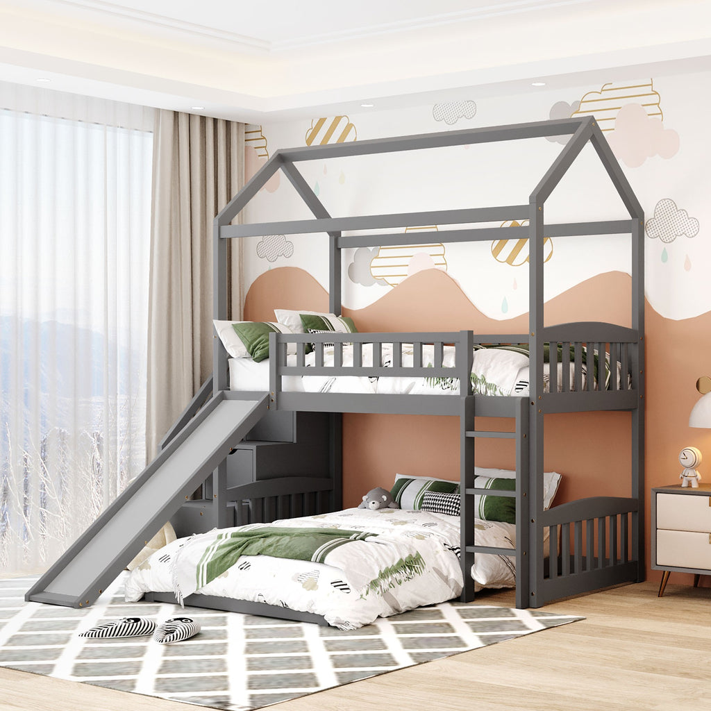 LuxxHomes  Gray Twin Over Twin PlayHouse Perpendicular Bunk Bed with Slide