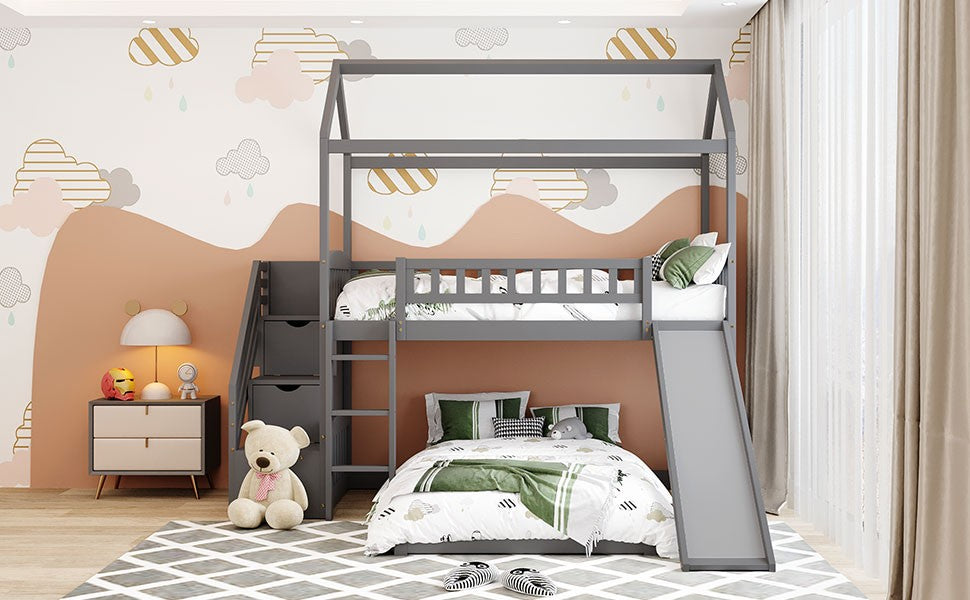 LuxxHomes  Gray Twin Over Twin PlayHouse Perpendicular Bunk Bed with Slide