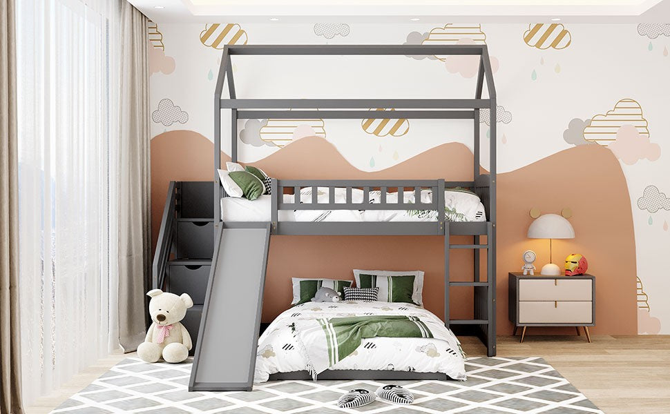 LuxxHomes  Gray Twin Over Twin PlayHouse Perpendicular Bunk Bed with Slide