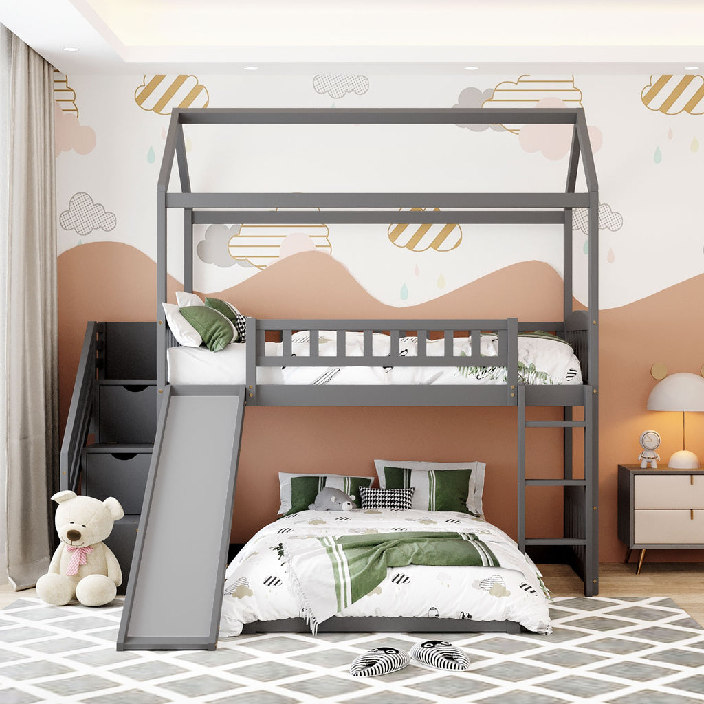 LuxxHomes  Gray Twin Over Twin PlayHouse Perpendicular Bunk Bed with Slide