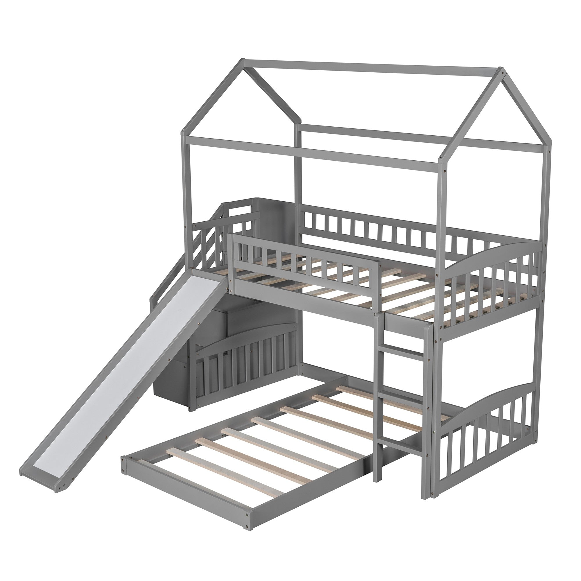 LuxxHomes  Gray Twin Over Twin PlayHouse Perpendicular Bunk Bed with Slide