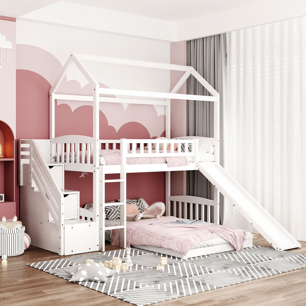 LuxxHomes  White Twin Over Twin PlayHouse Perpendicular Bunk Bed with Slide