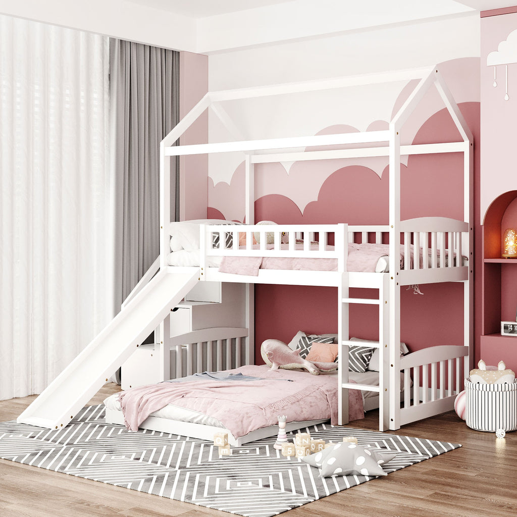 LuxxHomes  White Twin Over Twin PlayHouse Perpendicular Bunk Bed with Slide