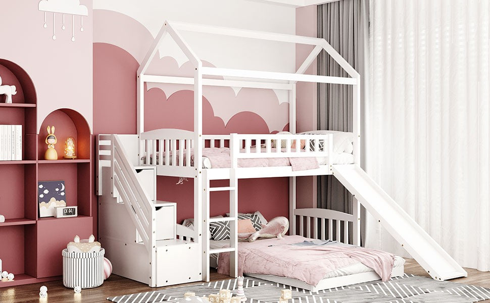 LuxxHomes  White Twin Over Twin PlayHouse Perpendicular Bunk Bed with Slide