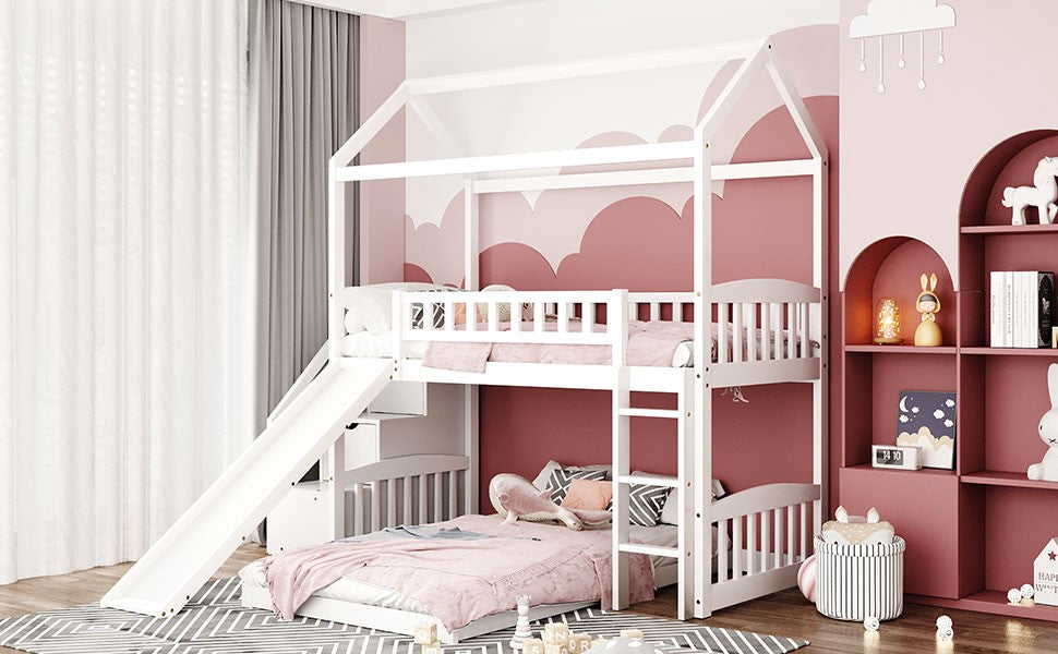 LuxxHomes  White Twin Over Twin PlayHouse Perpendicular Bunk Bed with Slide