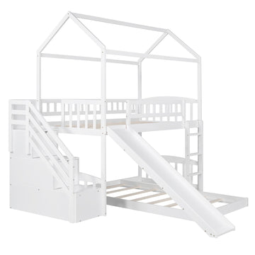 LuxxHomes  White Twin Over Twin PlayHouse Perpendicular Bunk Bed with Slide