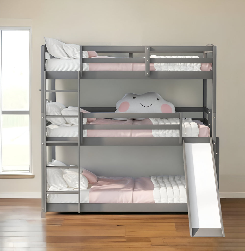 LuxxHomes  Gray Triple Bunk Twin Sized Bed with Slide