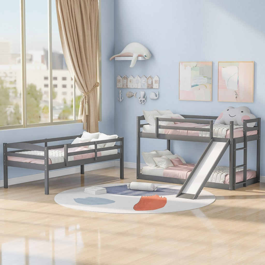 LuxxHomes  Gray Triple Bunk Twin Sized Bed with Slide