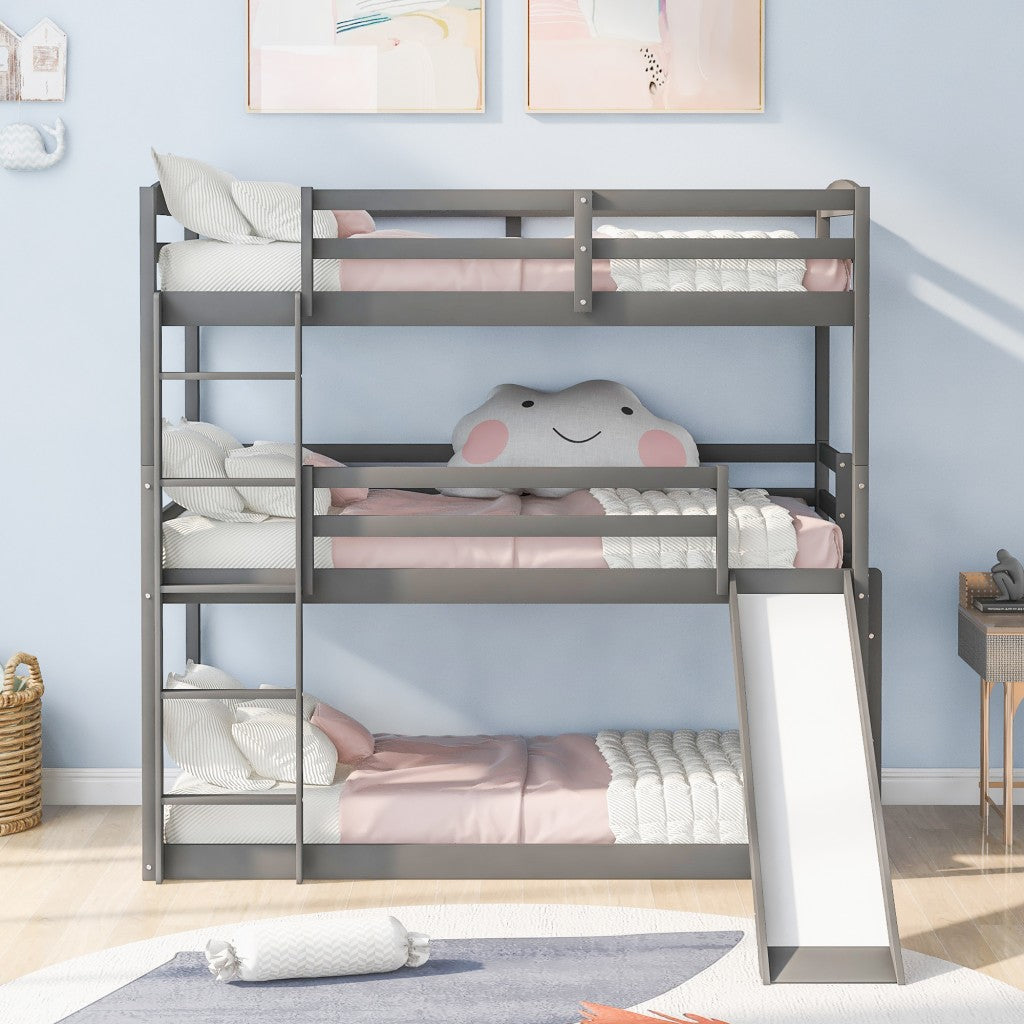 LuxxHomes  Gray Triple Bunk Twin Sized Bed with Slide