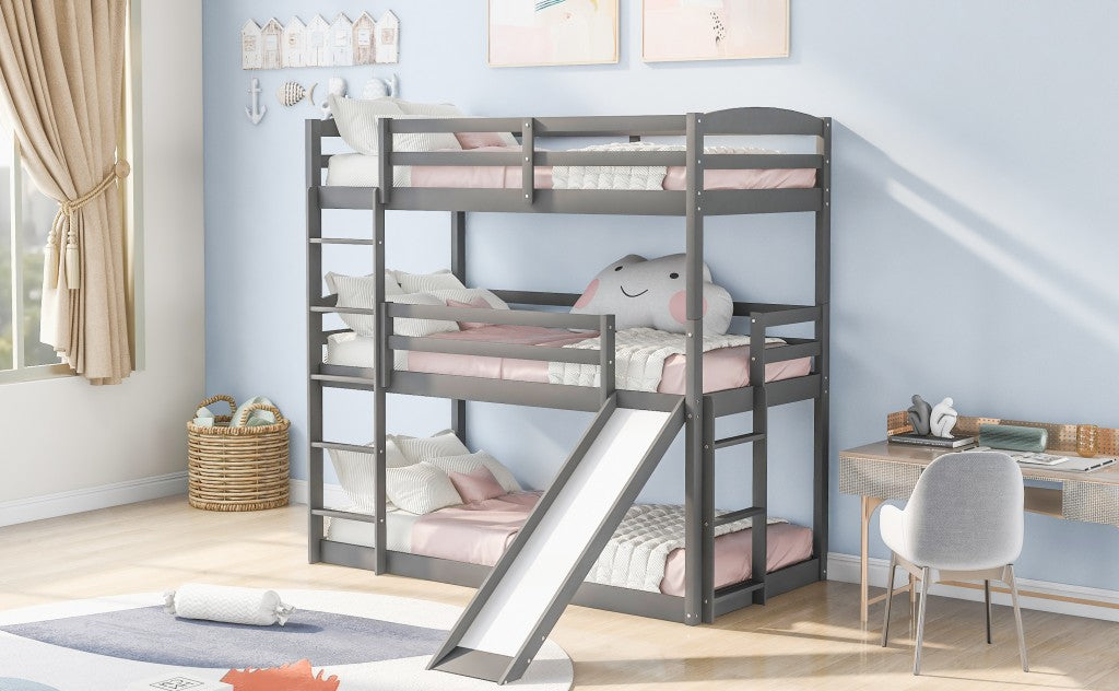 LuxxHomes  Gray Triple Bunk Twin Sized Bed with Slide