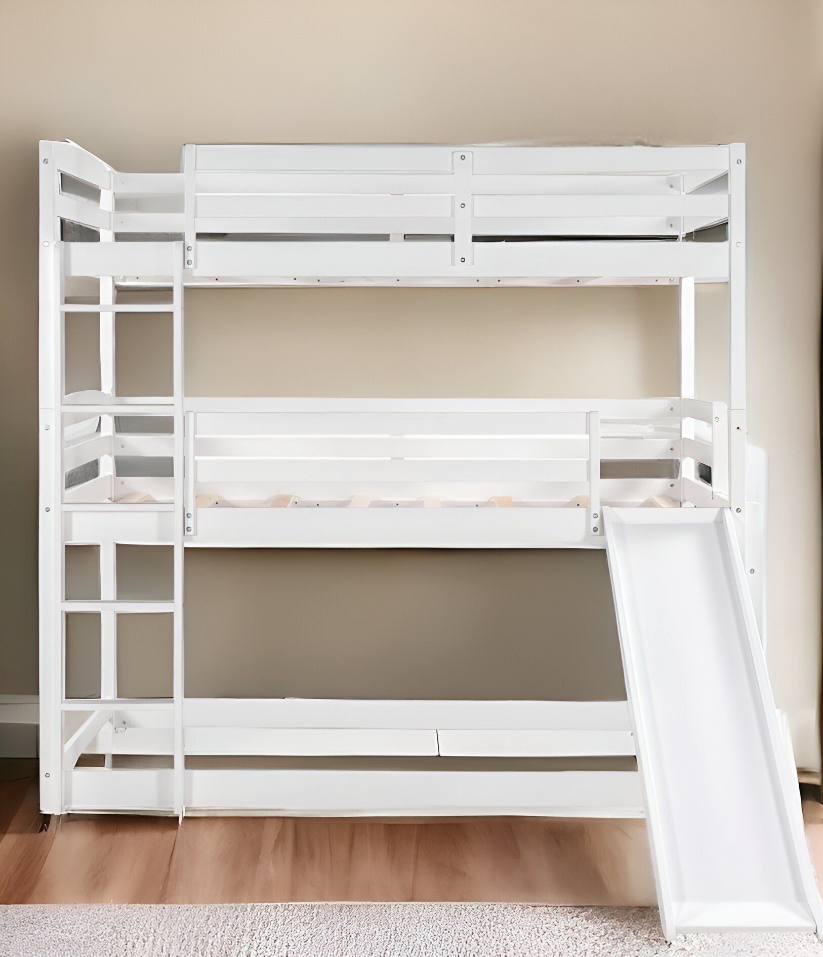 LuxxHomes  White Triple Bunk Twin Sized Bed with Slide