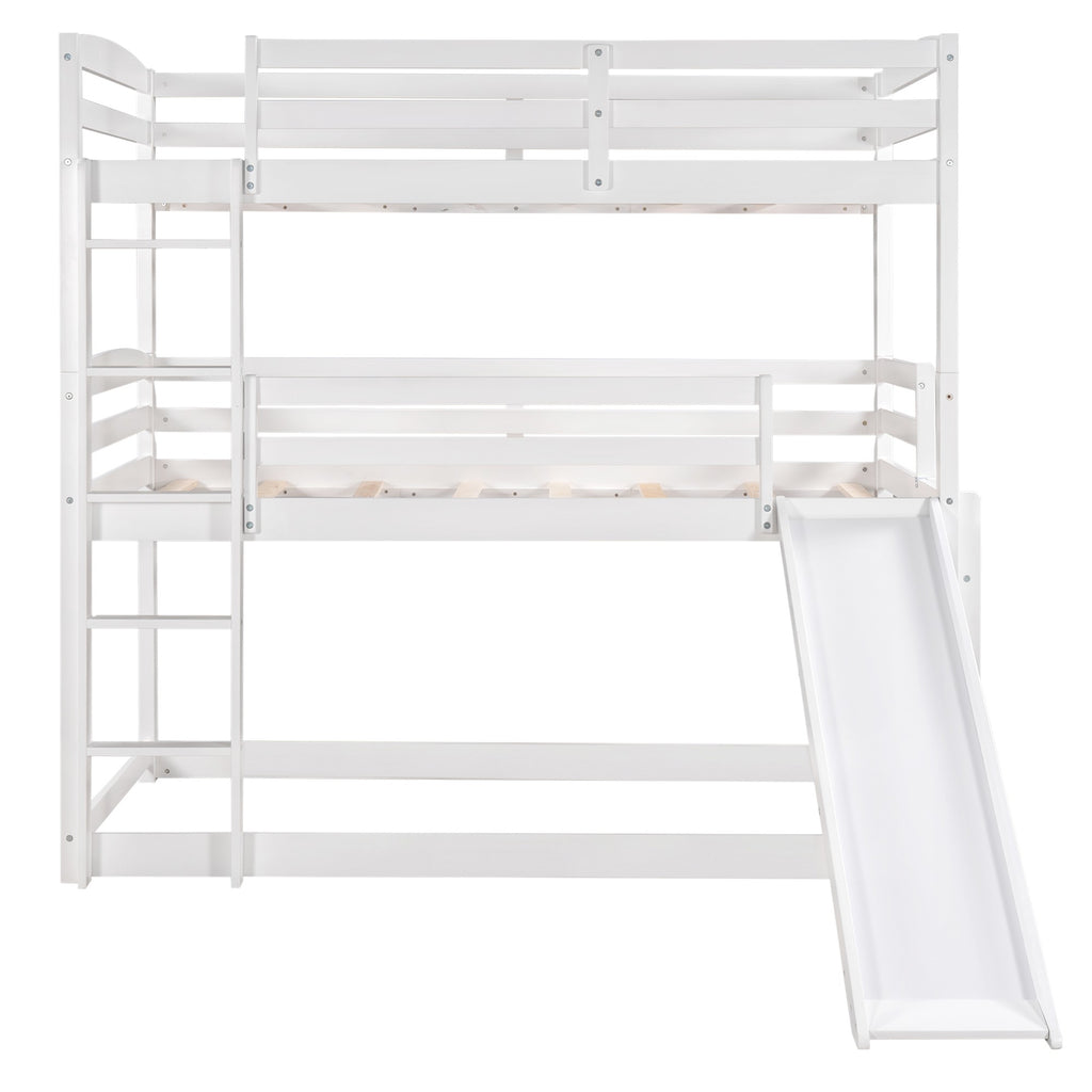 LuxxHomes  White Triple Bunk Twin Sized Bed with Slide