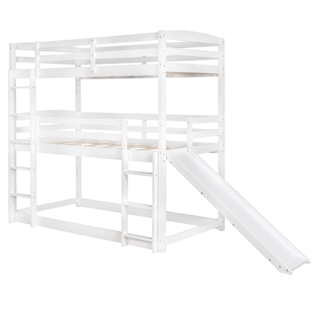 LuxxHomes  White Triple Bunk Twin Sized Bed with Slide