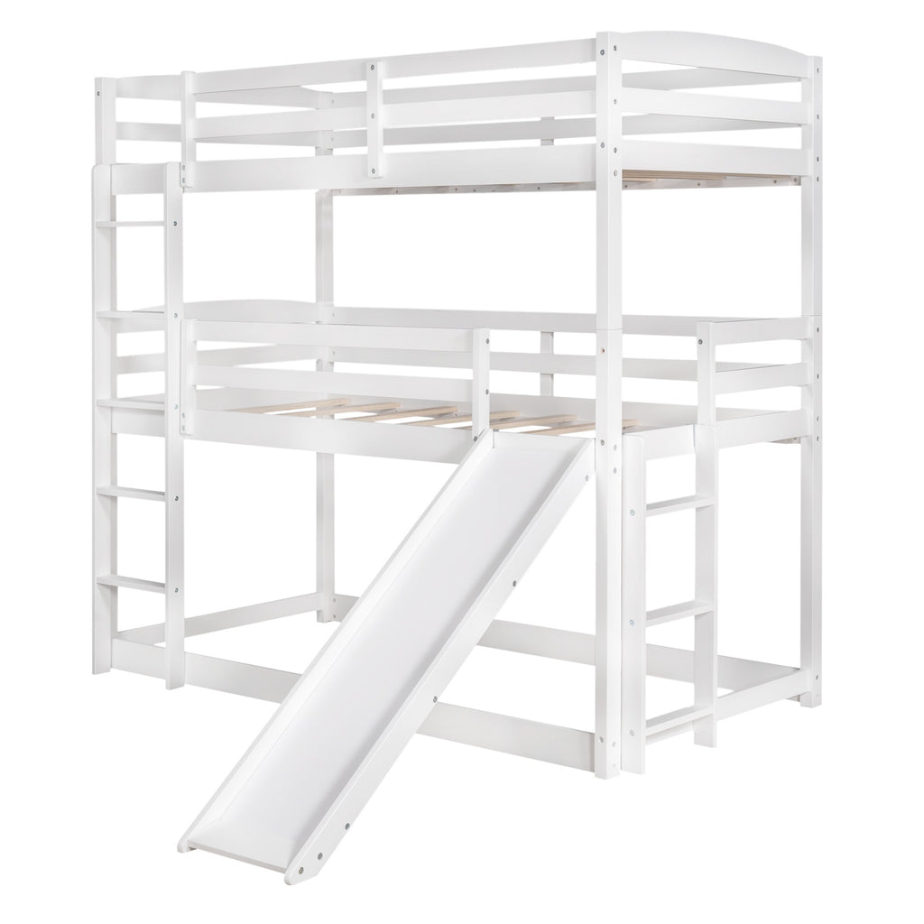 LuxxHomes  White Triple Bunk Twin Sized Bed with Slide