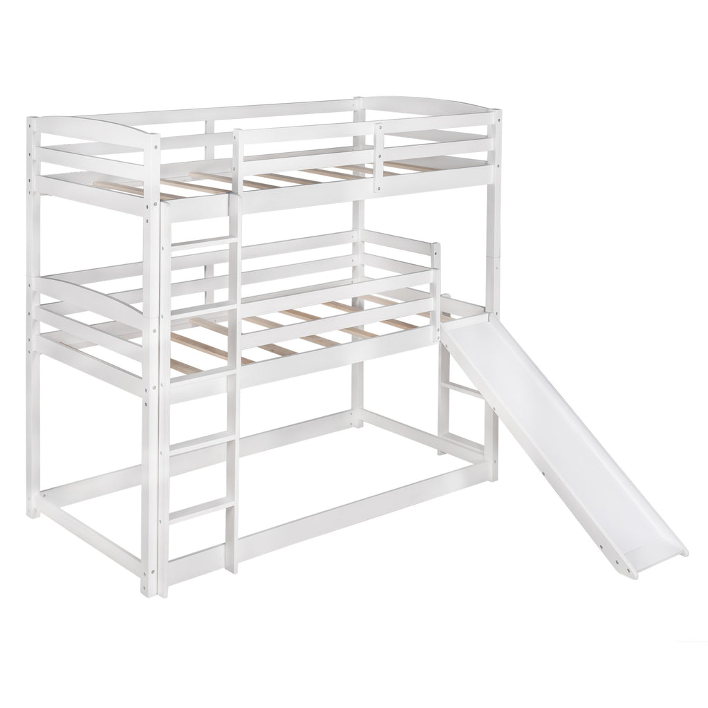 LuxxHomes  White Triple Bunk Twin Sized Bed with Slide