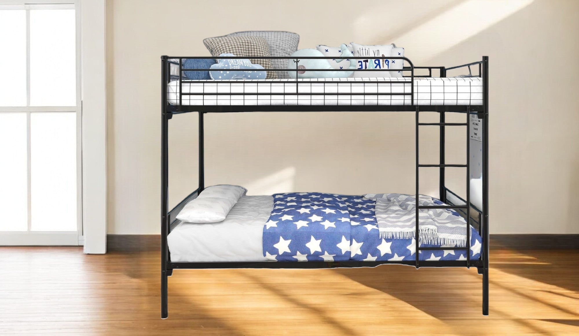 LuxxHomes  Black Heavy Duty Twin Over Twin Metal Bunk Bed with Ladder