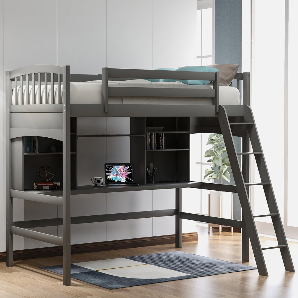 LuxxHomes  Gray Twin Size Loft Bed with Desk and Shelves