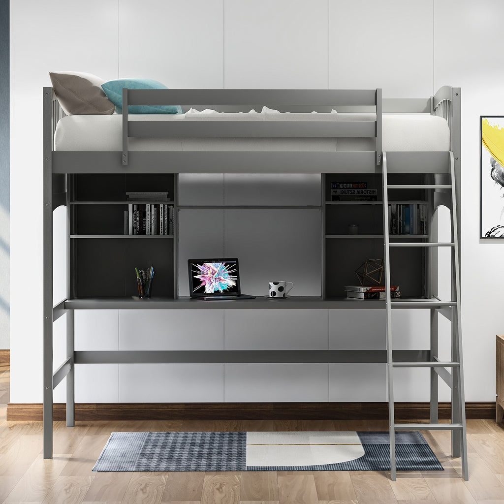 LuxxHomes  Gray Twin Size Loft Bed with Desk and Shelves