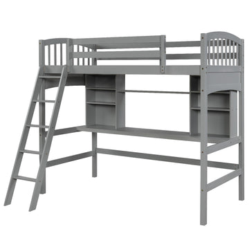 LuxxHomes  Gray Twin Size Loft Bed with Desk and Shelves