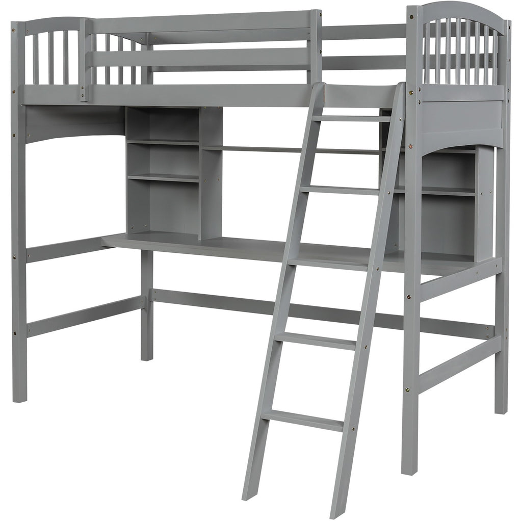 LuxxHomes  Gray Twin Size Loft Bed with Desk and Shelves