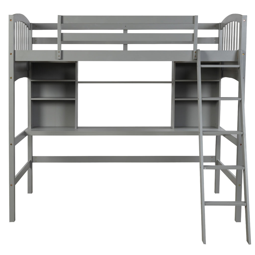 LuxxHomes  Gray Twin Size Loft Bed with Desk and Shelves