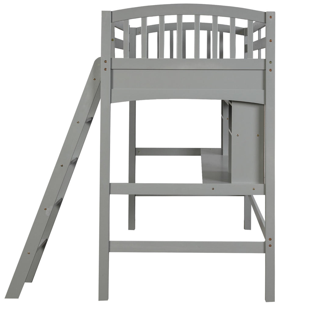 LuxxHomes  Gray Twin Size Loft Bed with Desk and Shelves