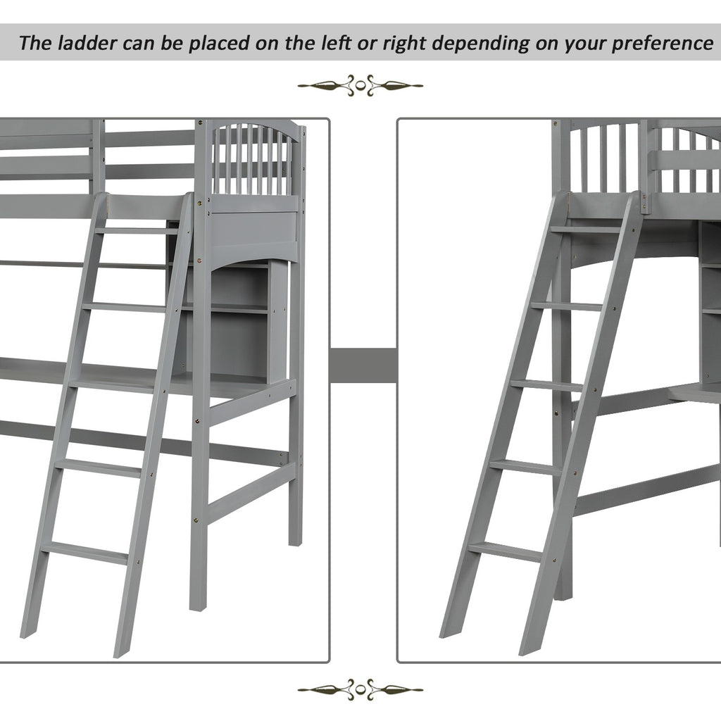 LuxxHomes  Gray Twin Size Loft Bed with Desk and Shelves