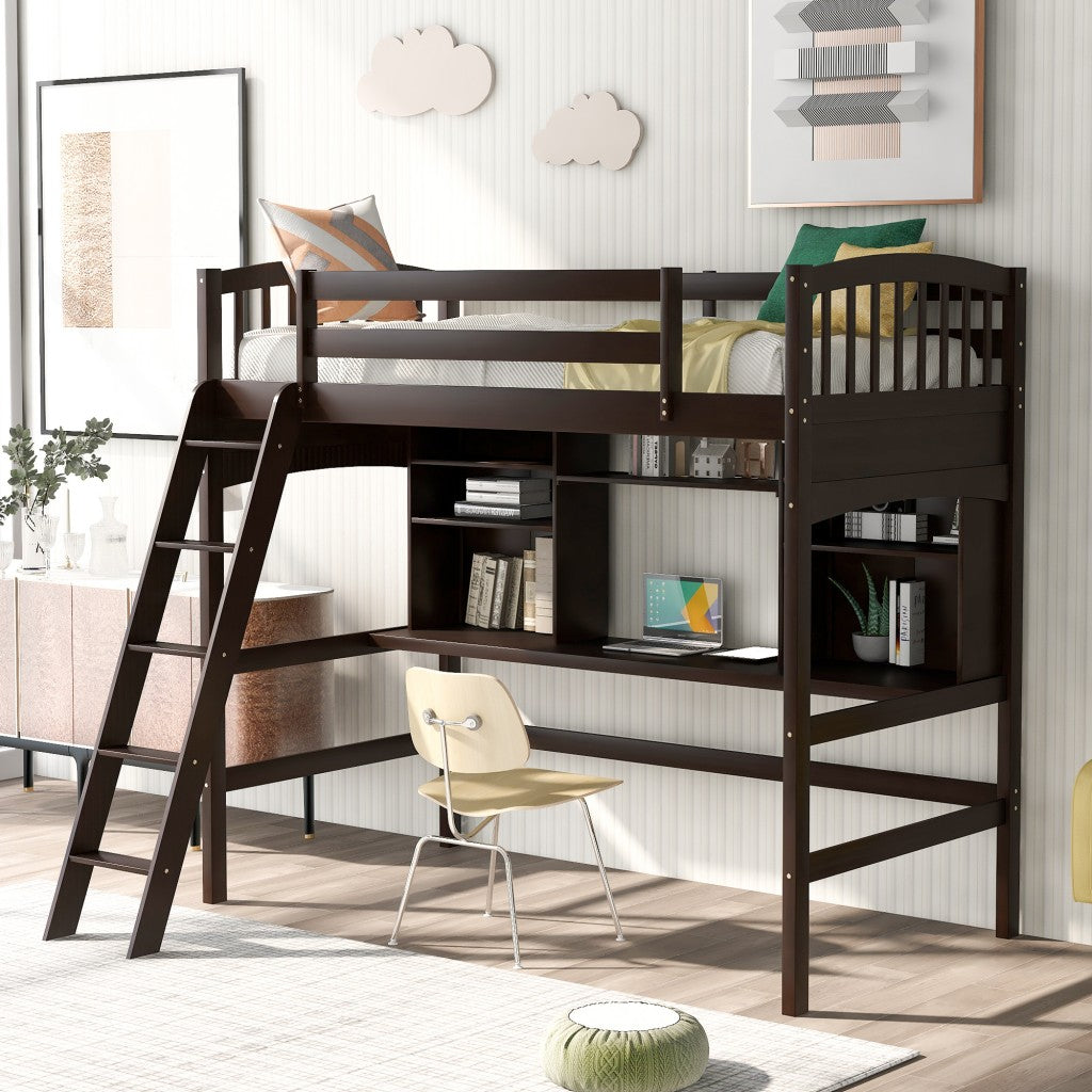 LuxxHomes  Brown Twin Size Loft Bed with Desk and Shelves