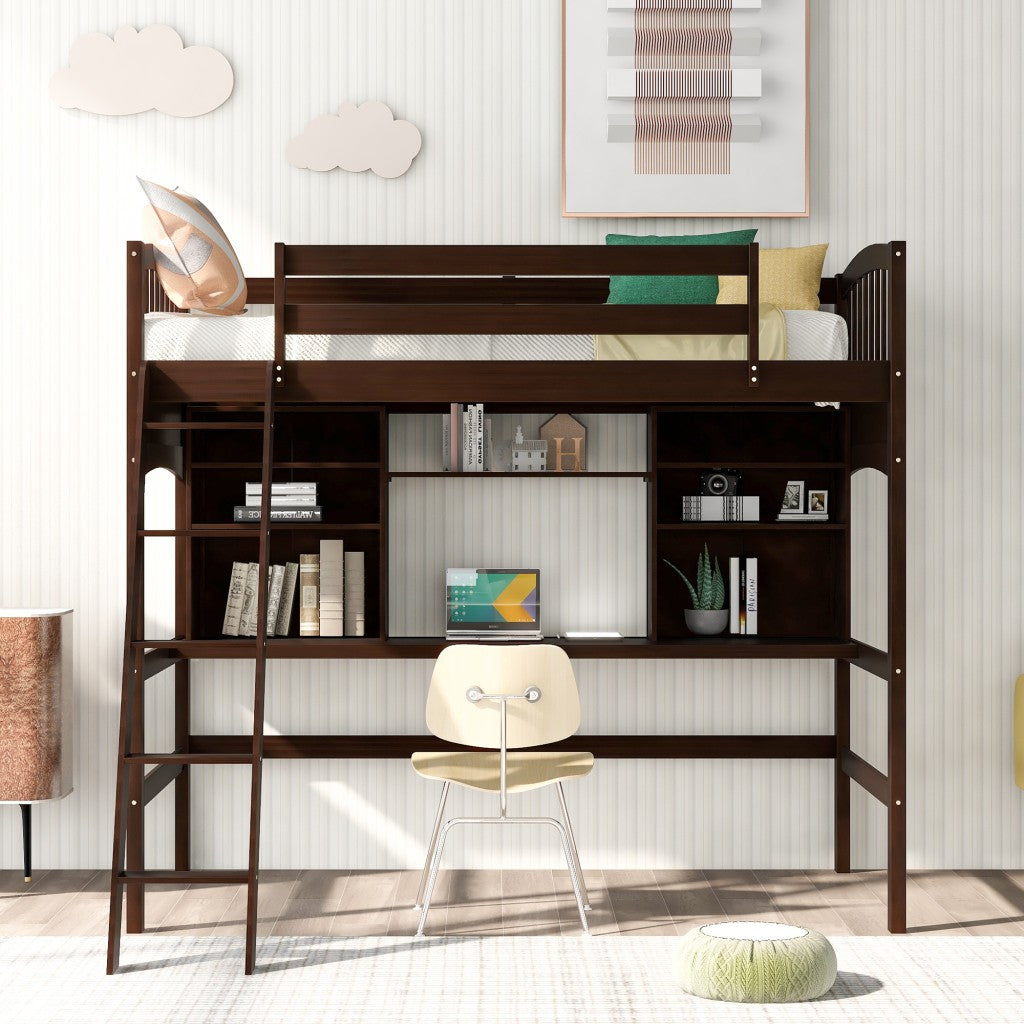 LuxxHomes  Brown Twin Size Loft Bed with Desk and Shelves