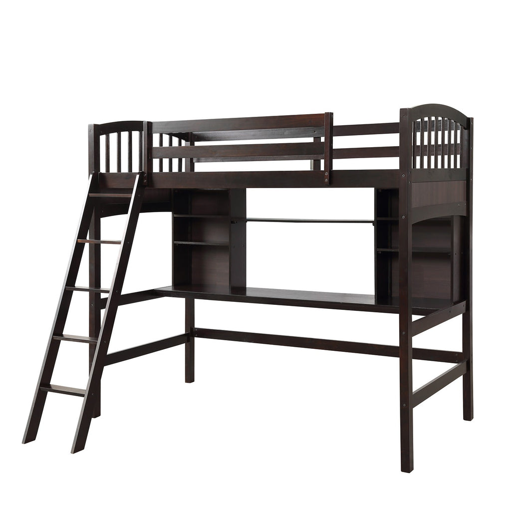 LuxxHomes  Brown Twin Size Loft Bed with Desk and Shelves