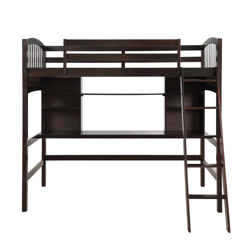 LuxxHomes  Brown Twin Size Loft Bed with Desk and Shelves