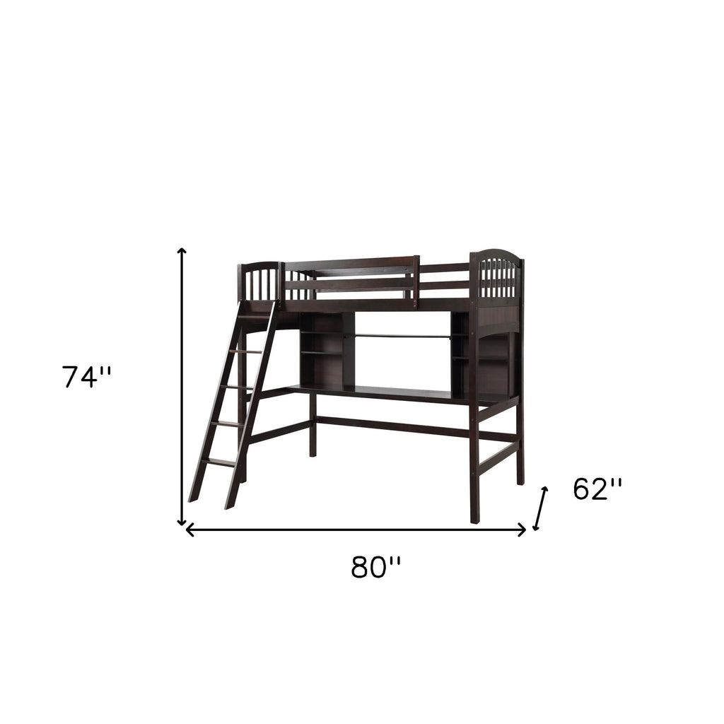 LuxxHomes  Brown Twin Size Loft Bed with Desk and Shelves