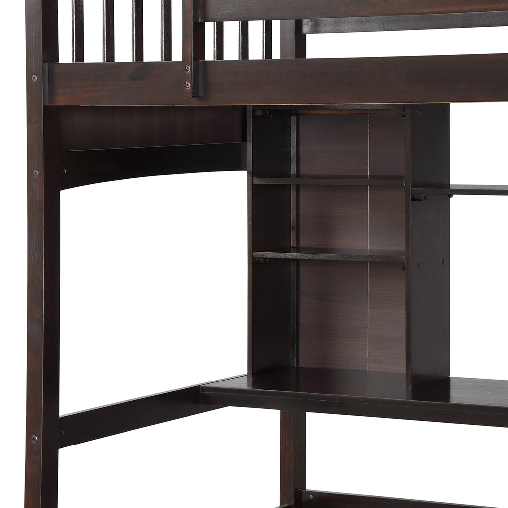 LuxxHomes  Brown Twin Size Loft Bed with Desk and Shelves