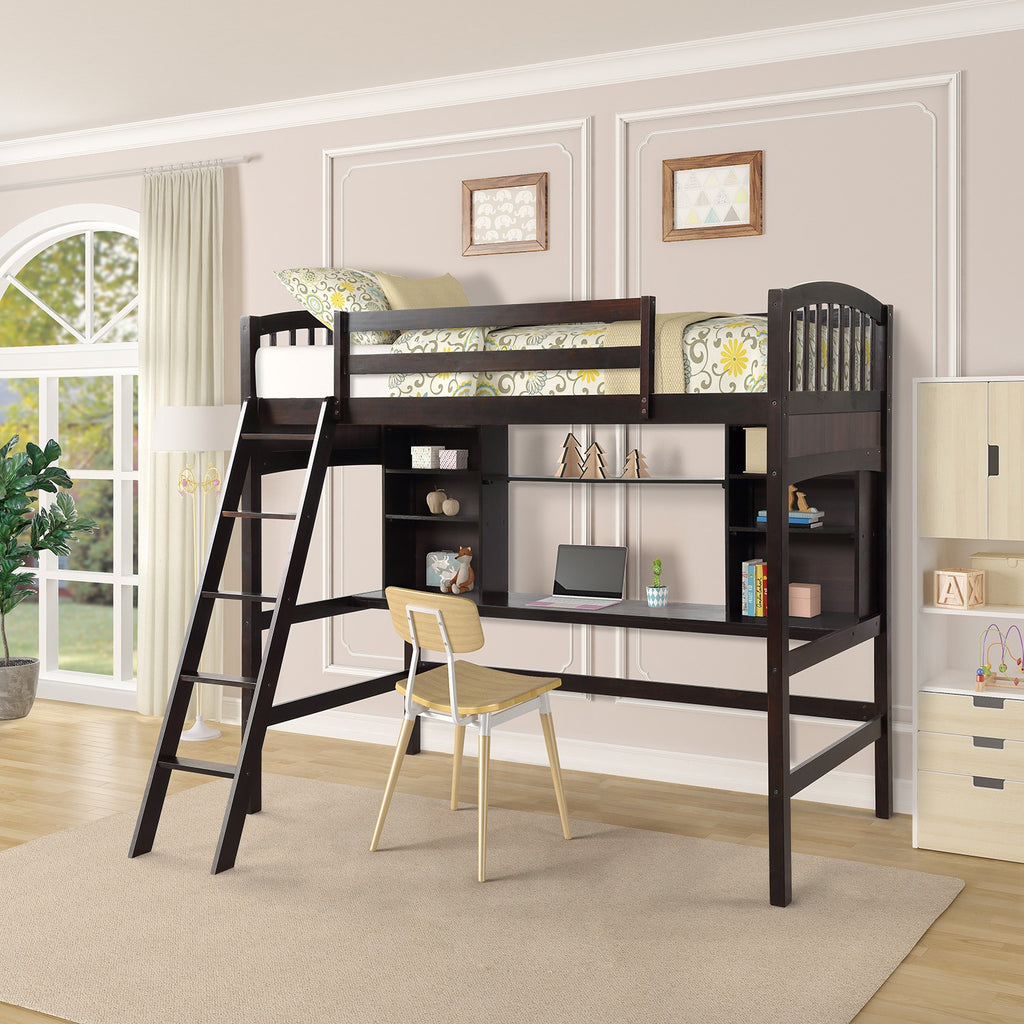 LuxxHomes  Brown Twin Size Loft Bed with Desk and Shelves