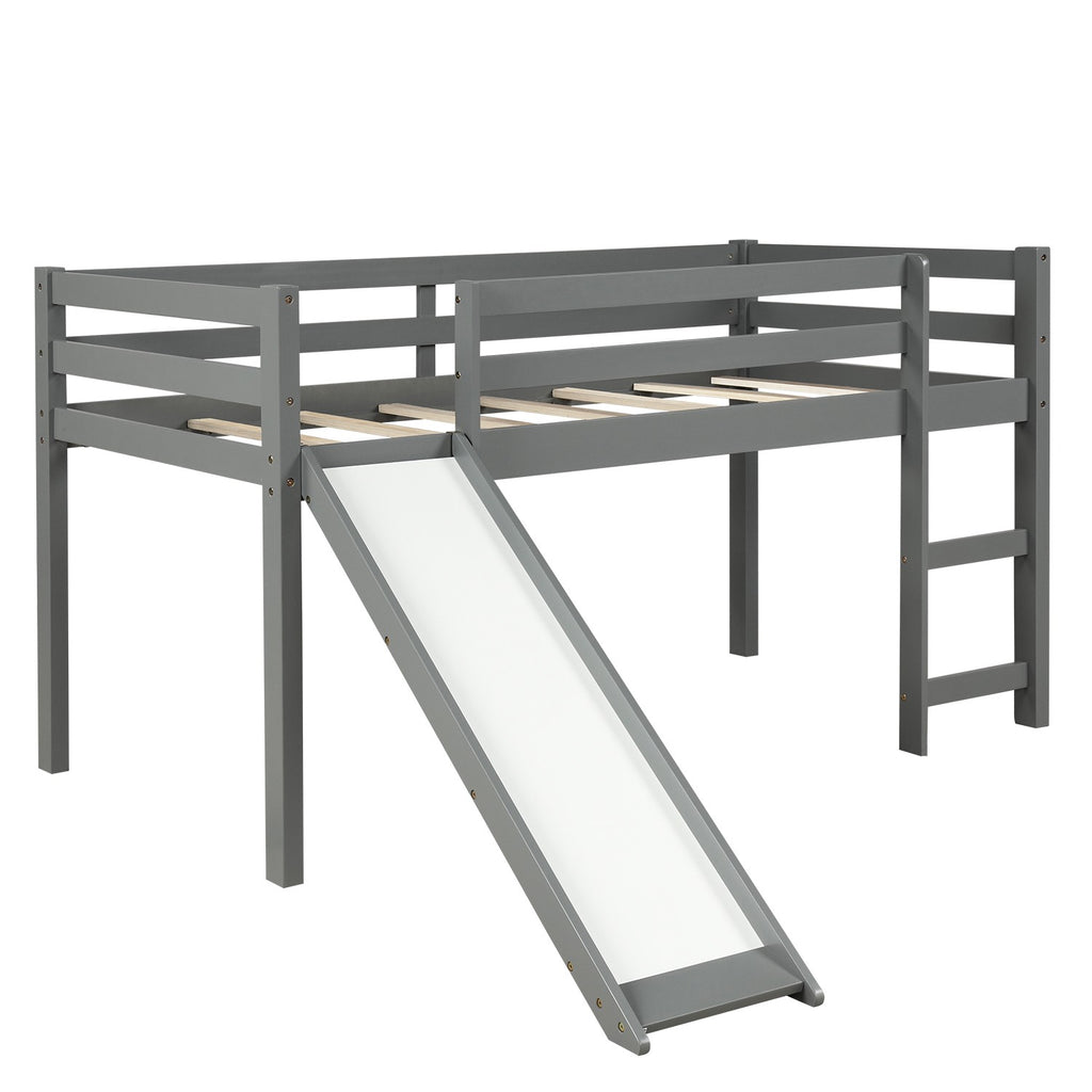 Gray Twin Size Low Loft Bed With Slide