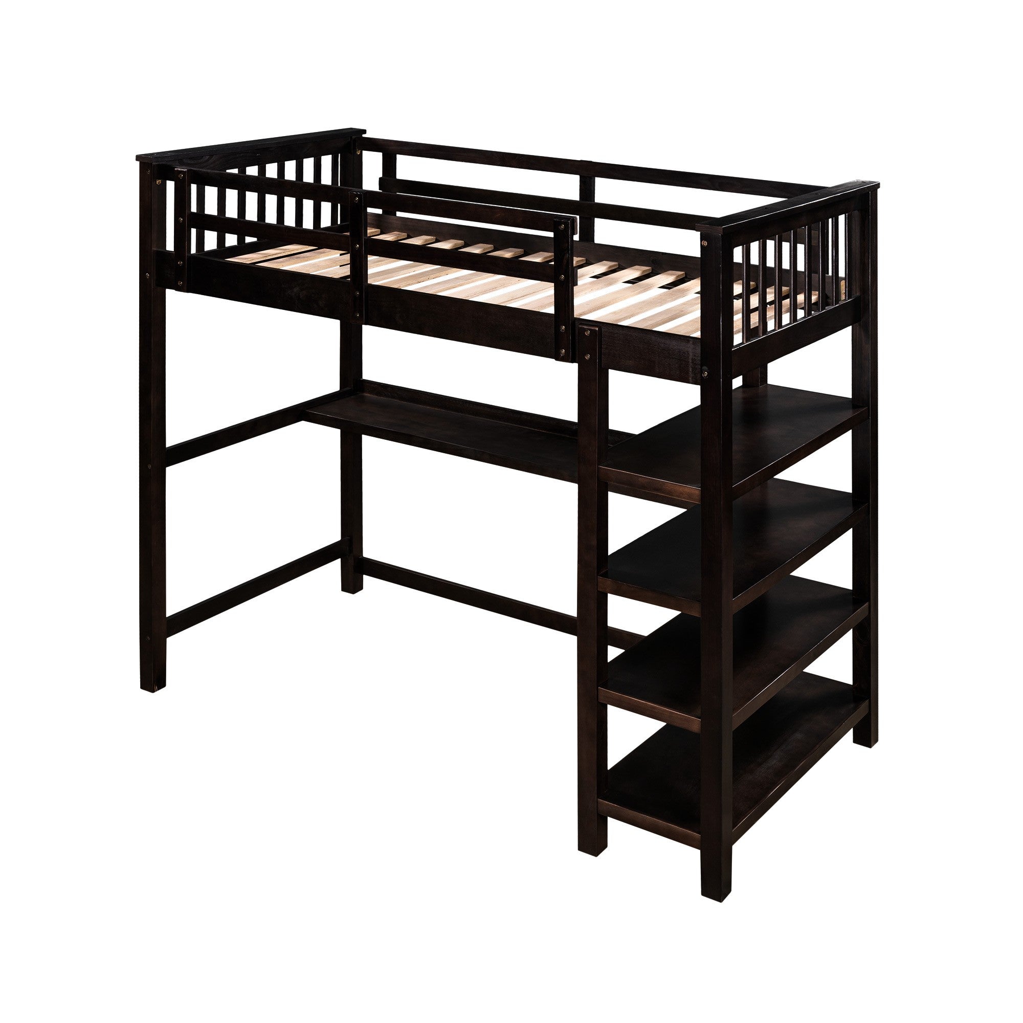 LuxxHomes  Espresso Twin Size Wood Loft Bed with Storage Shelves and Desk