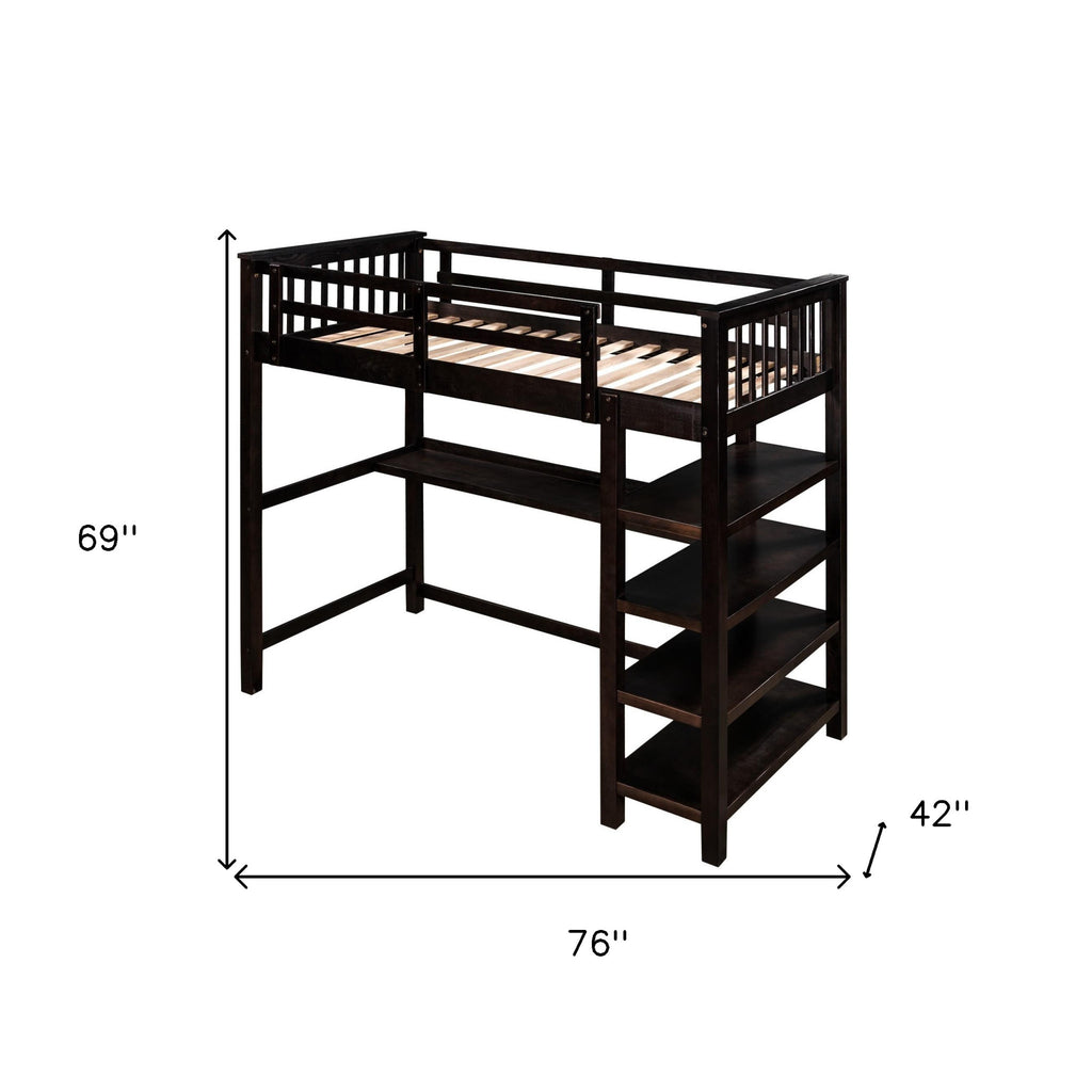 LuxxHomes  Espresso Twin Size Wood Loft Bed with Storage Shelves and Desk