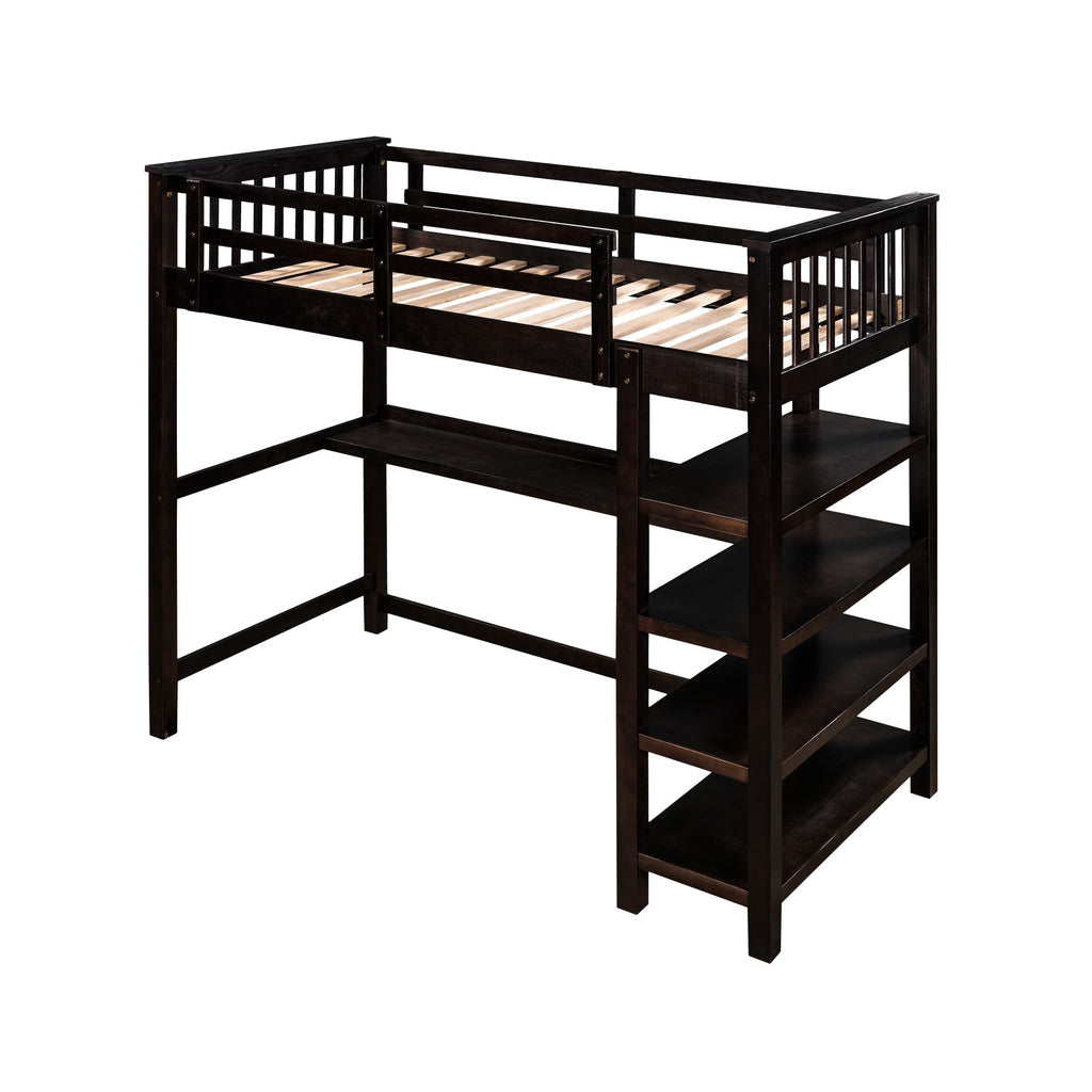 LuxxHomes  Espresso Twin Size Wood Loft Bed with Storage Shelves and Desk