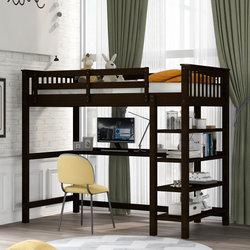 LuxxHomes  Espresso Twin Size Wood Loft Bed with Storage Shelves and Desk