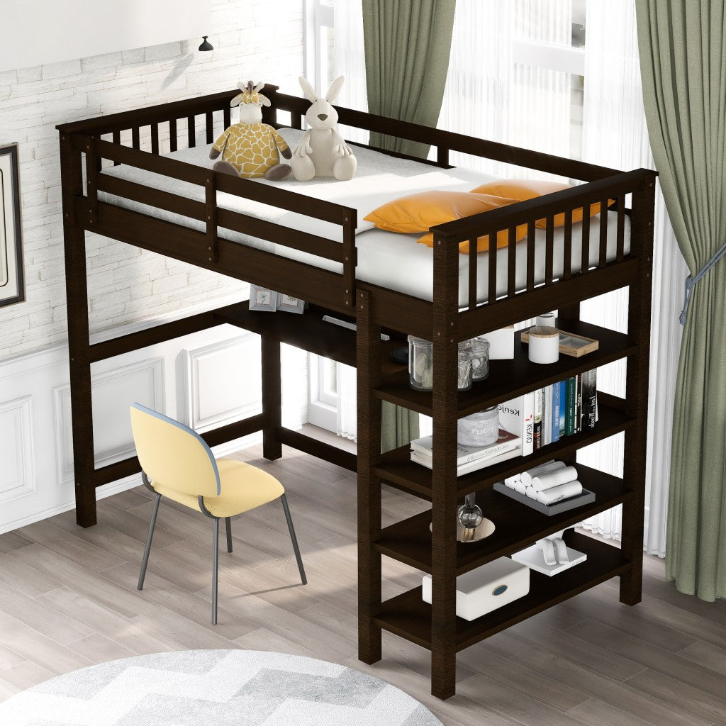 LuxxHomes  Espresso Twin Size Wood Loft Bed with Storage Shelves and Desk