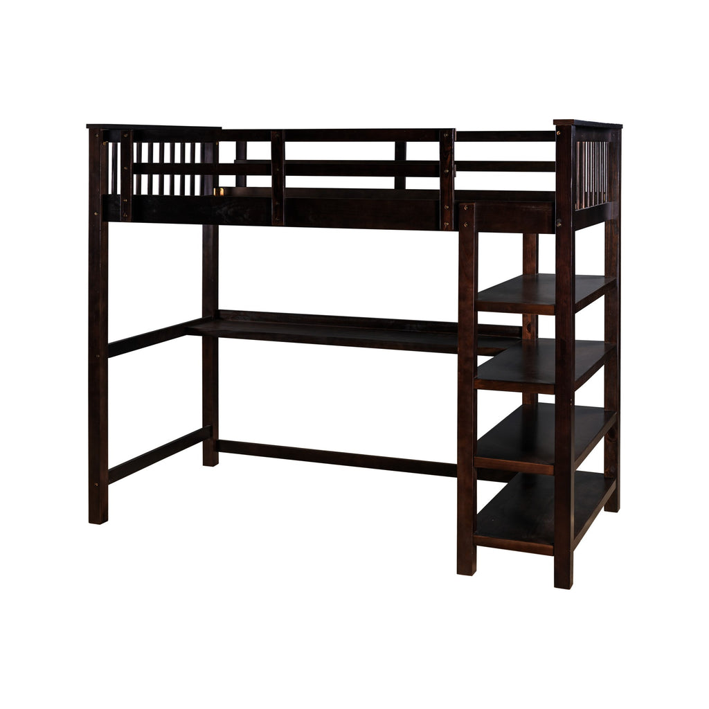 LuxxHomes  Espresso Twin Size Wood Loft Bed with Storage Shelves and Desk