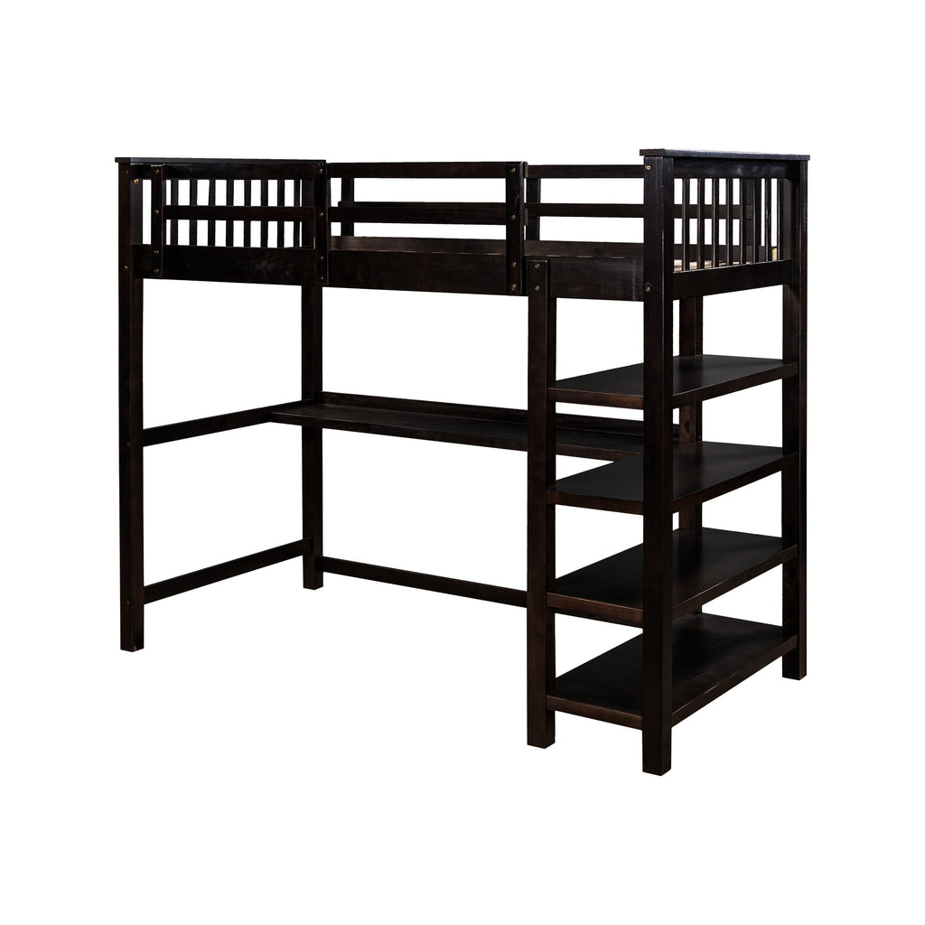 LuxxHomes  Espresso Twin Size Wood Loft Bed with Storage Shelves and Desk