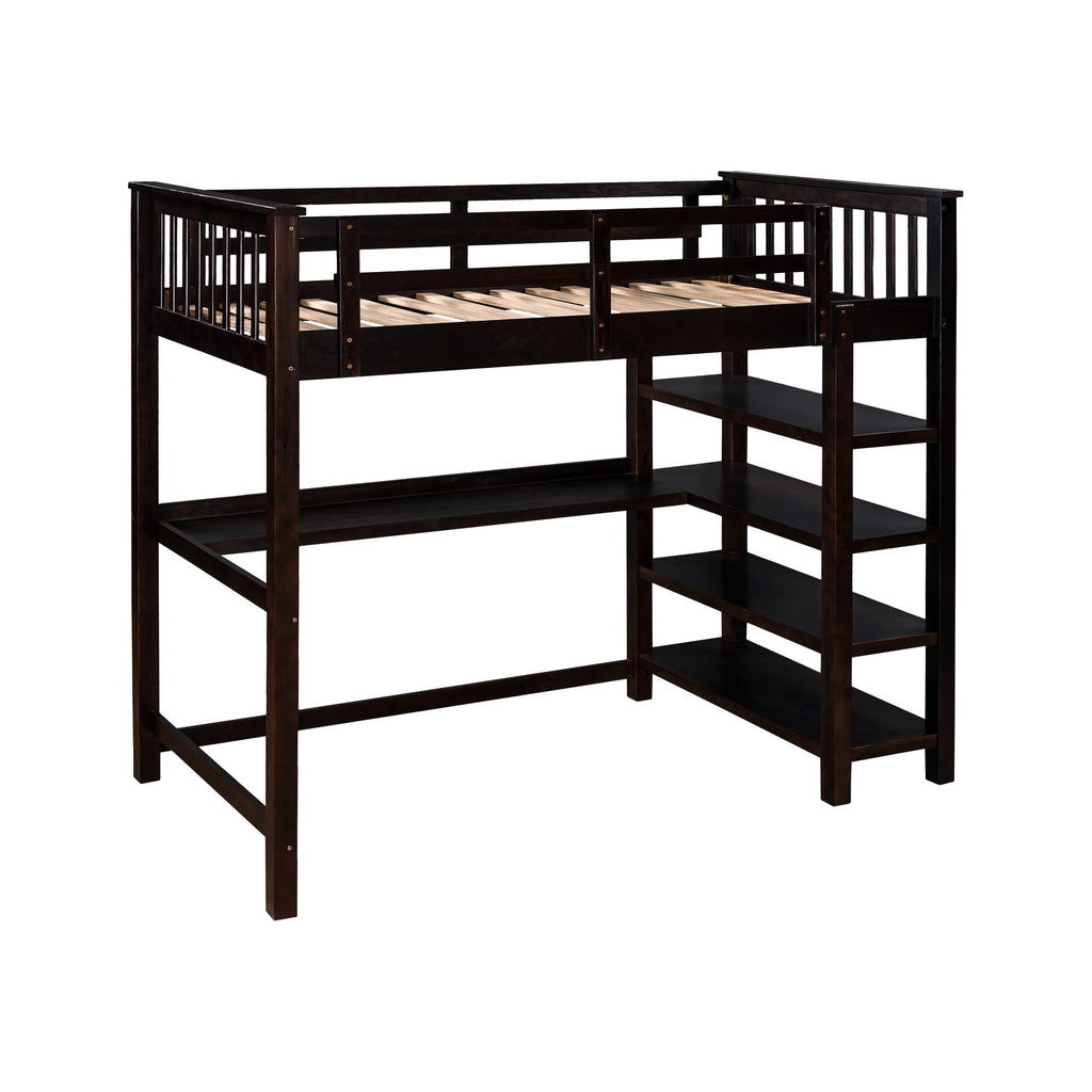 LuxxHomes  Espresso Twin Size Wood Loft Bed with Storage Shelves and Desk