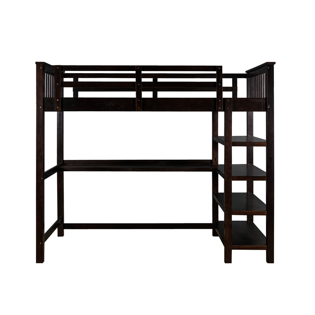 LuxxHomes  Espresso Twin Size Wood Loft Bed with Storage Shelves and Desk