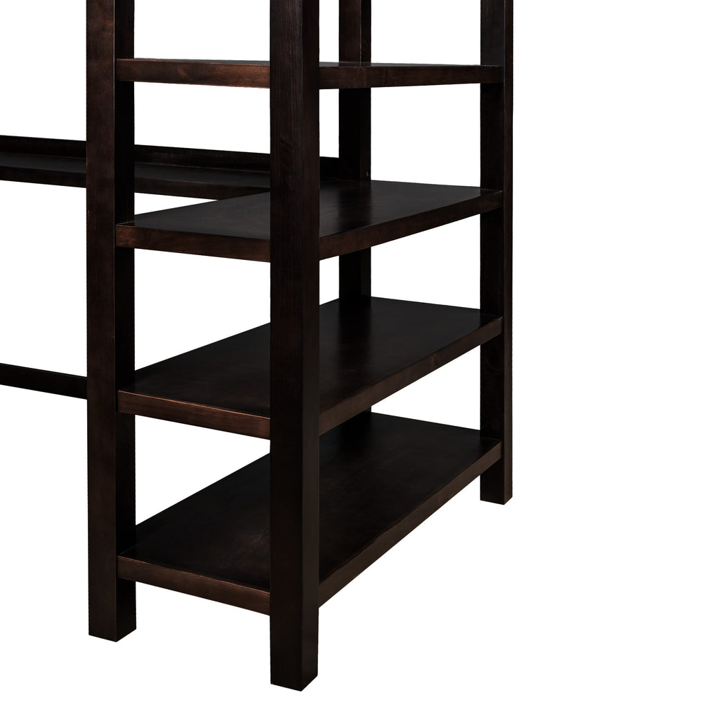 LuxxHomes  Espresso Twin Size Wood Loft Bed with Storage Shelves and Desk