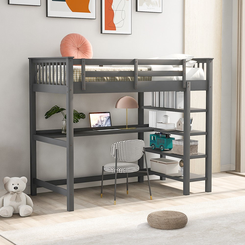 LuxxHomes  Gray Twin Size Wood Loft Bed with Storage Shelves and Desk