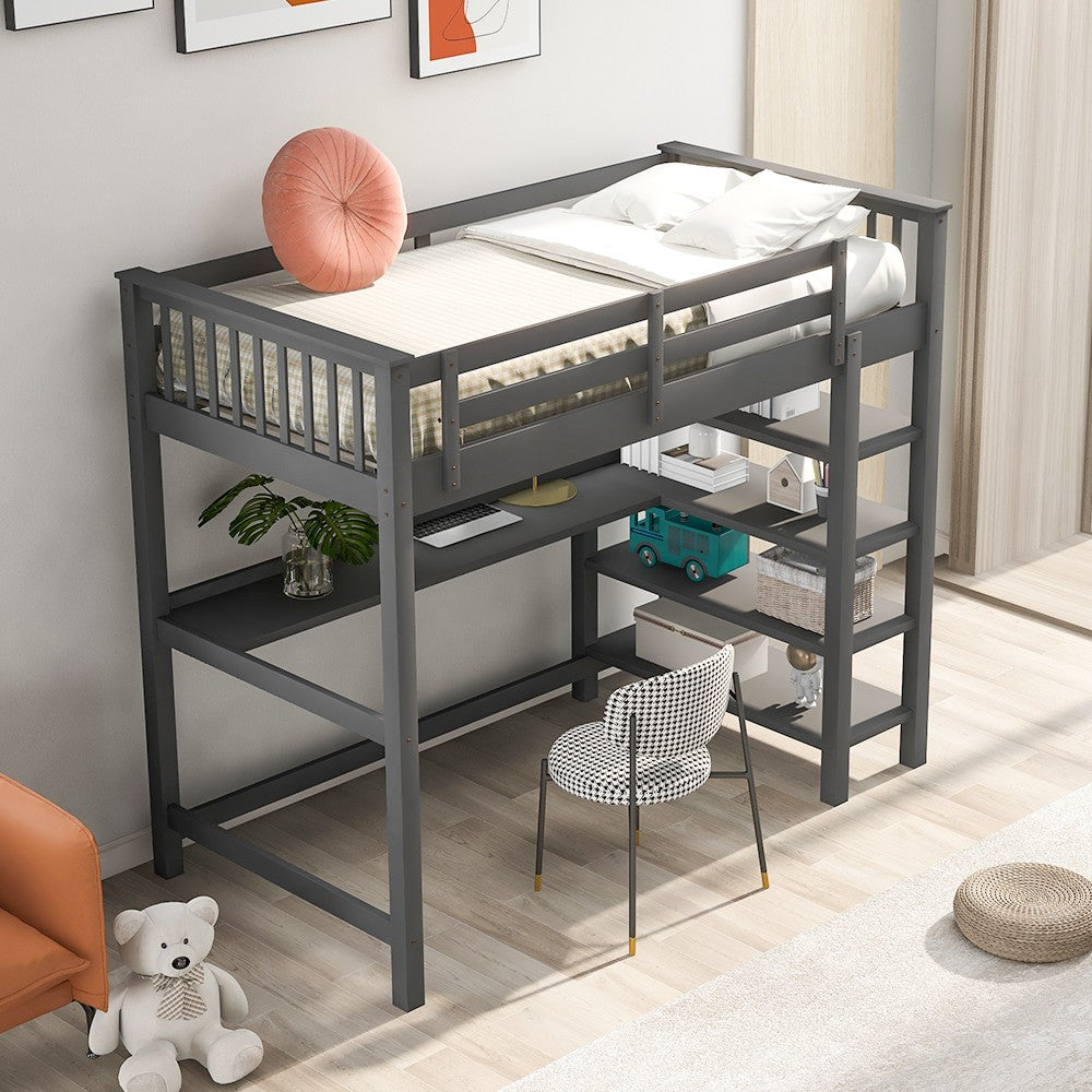 LuxxHomes  Gray Twin Size Wood Loft Bed with Storage Shelves and Desk